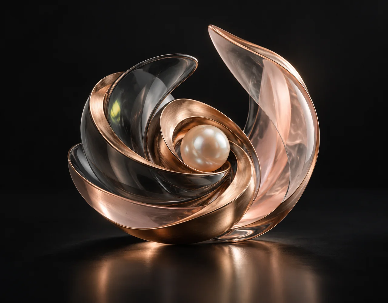 Content Moderator editorial cover: a a layered optical seed, curving around a small pearl core