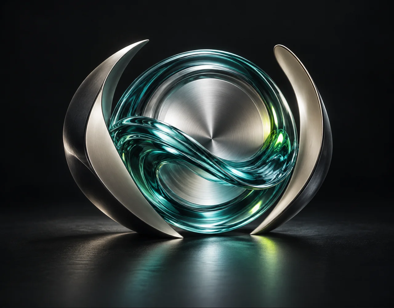 Create Upload Id editorial cover: a silver diaphragm with a glass wave, embraced by two quiet curved metallic fins