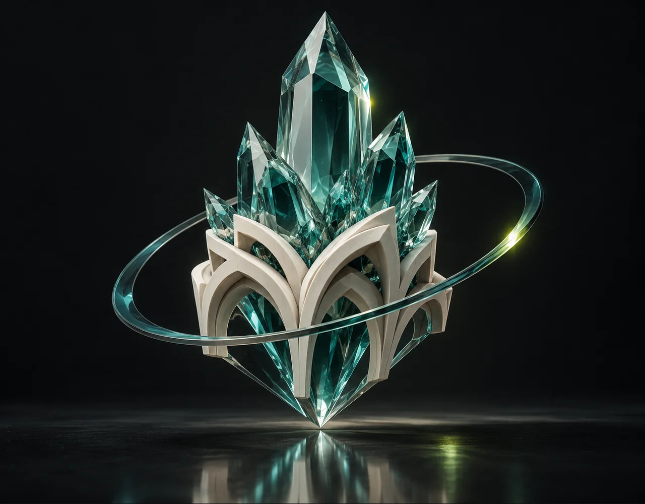 Creative Upscaler editorial cover: a finely faceted crystal whose coarse base becomes a crisp detailed interlocking ceramic arches, floating within a thin offset optical ring