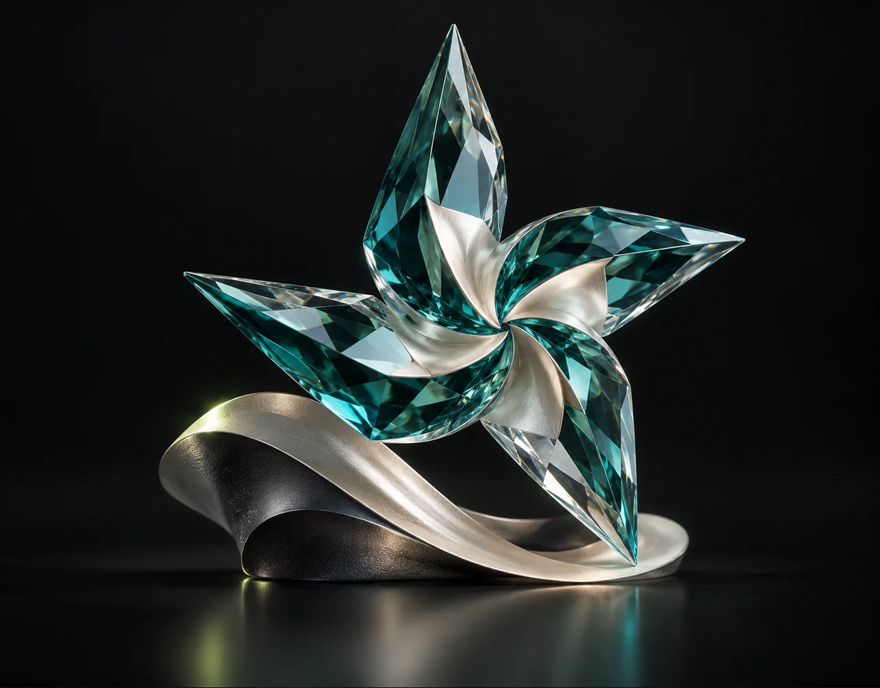 Crystal Upscaler editorial cover: a finely faceted crystal whose coarse base becomes a crisp detailed satin pinwheel, resting above one soft sculptural ripple