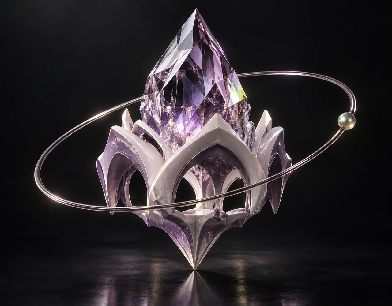 Crystal Video Upscaler editorial cover: a finely faceted crystal whose coarse base becomes a crisp detailed interlocking ceramic arches, floating within a thin offset optical ring
