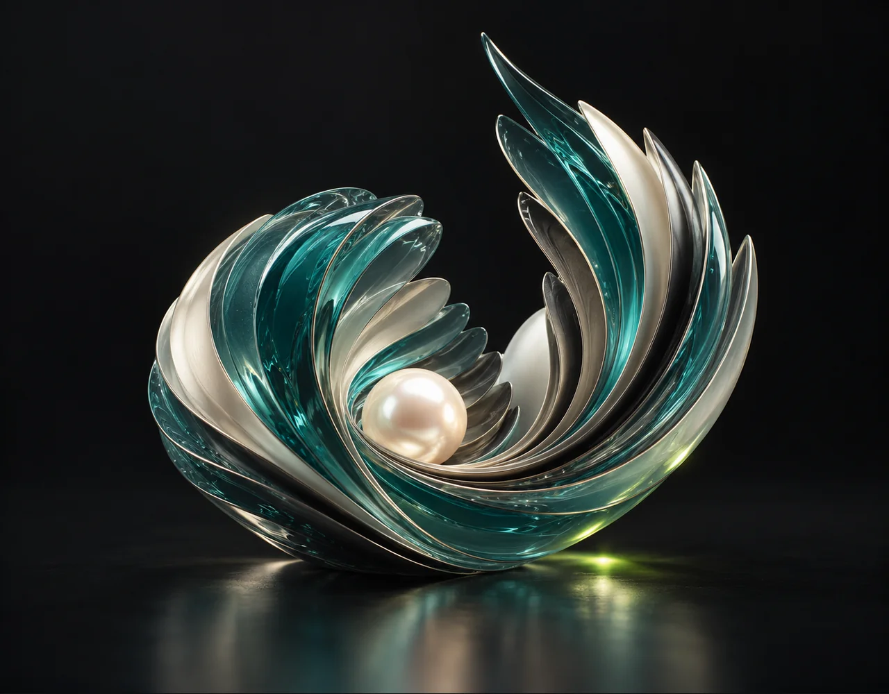Depth Anything 3 editorial cover: a sculptural shell built from separated optical contour layers showing clear depth, curving around a small pearl core