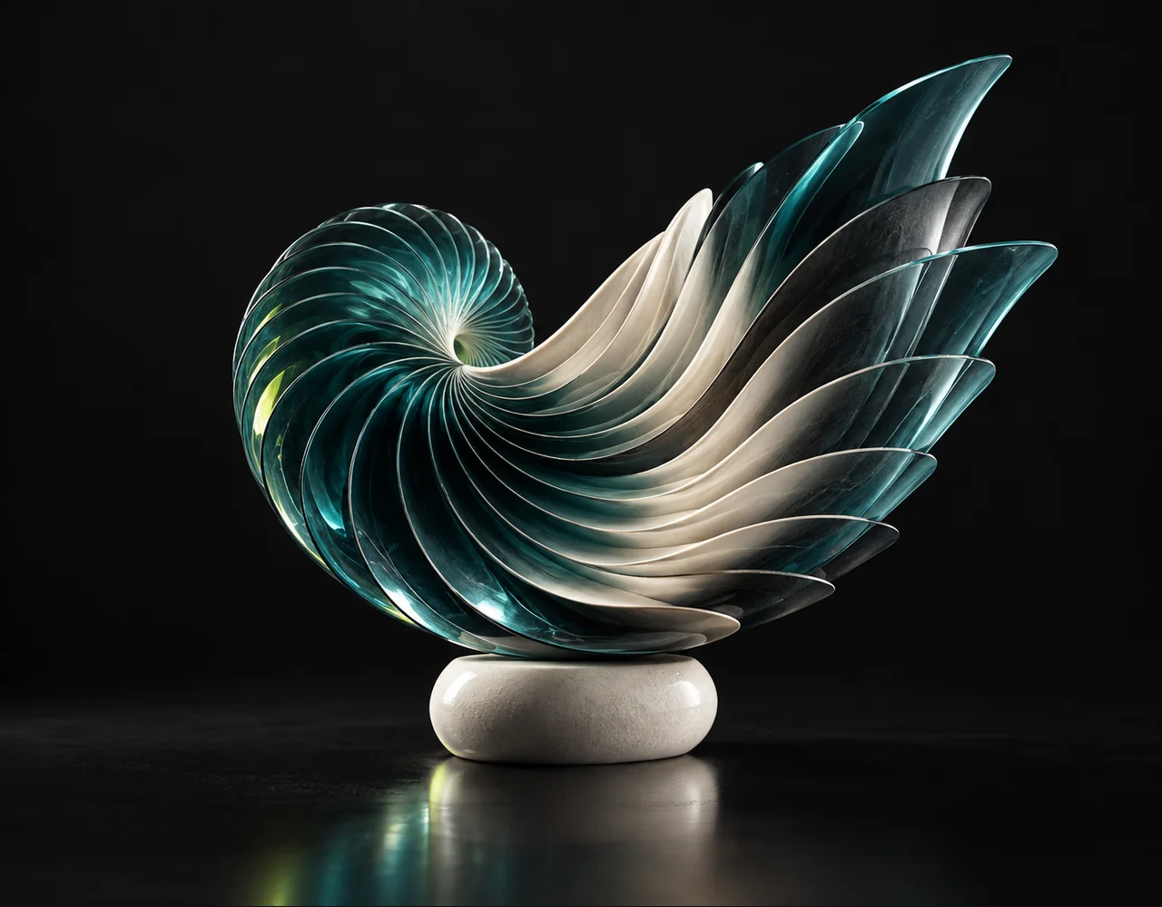 Depth Anything 3 editorial cover: a sculptural shell built from separated optical contour layers showing clear depth, balanced on a small contrasting ceramic plinth