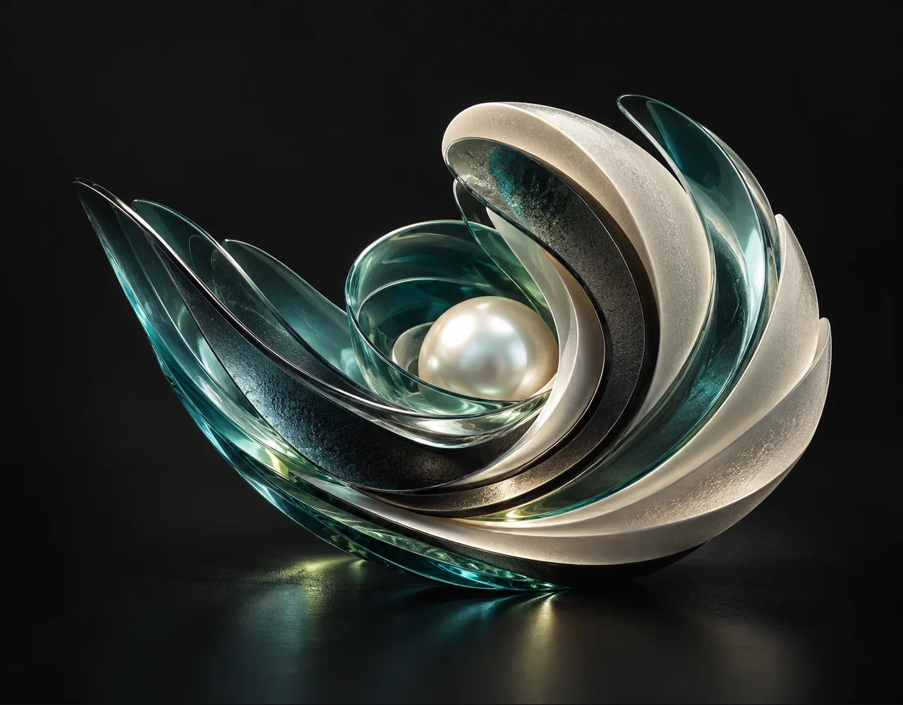 Depth Anything editorial cover: a sculptural shell built from separated optical contour layers showing clear depth, curving around a small pearl core