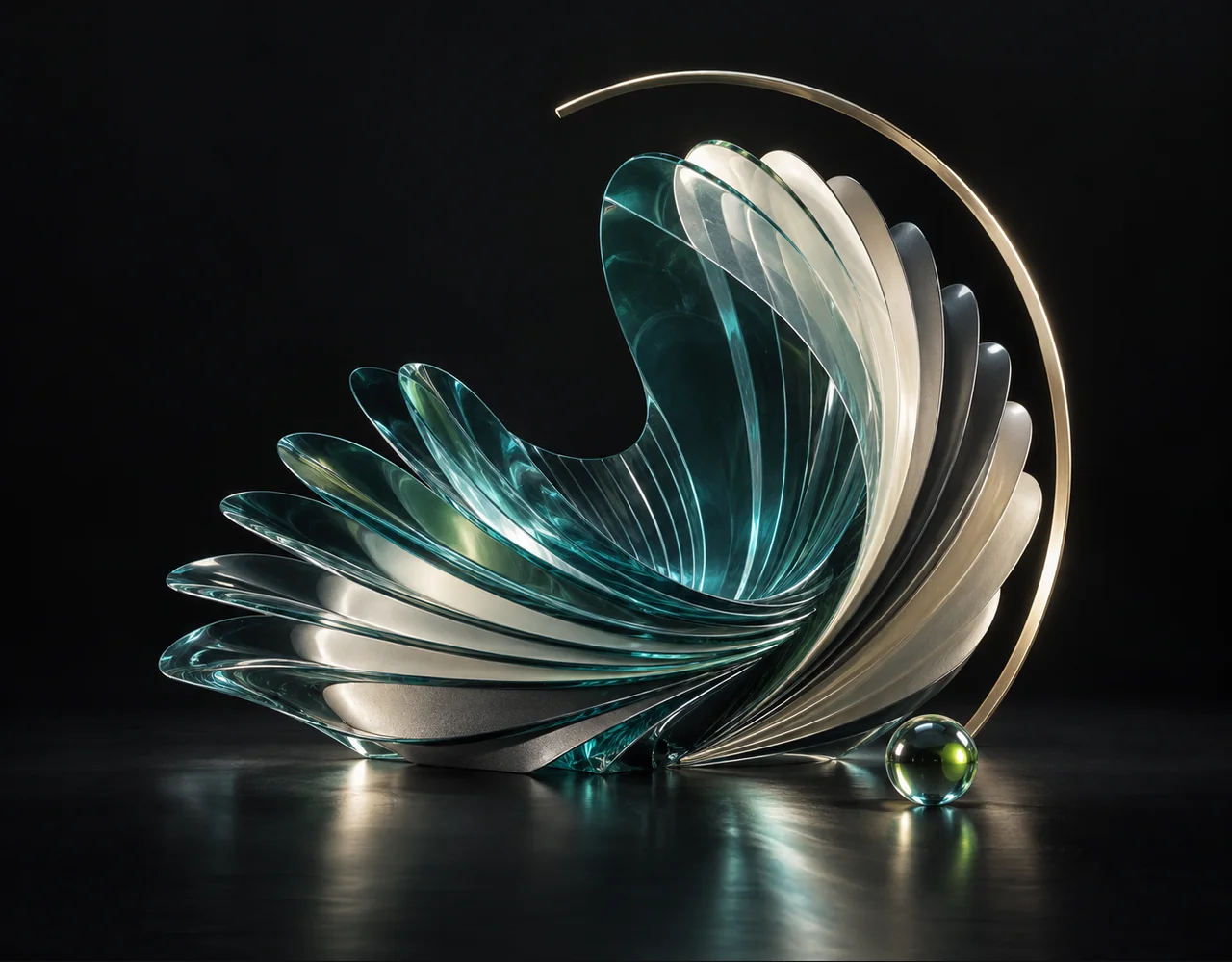 Depth Anything editorial cover: a sculptural shell built from separated optical contour layers showing clear depth, framed by one incomplete slender arch