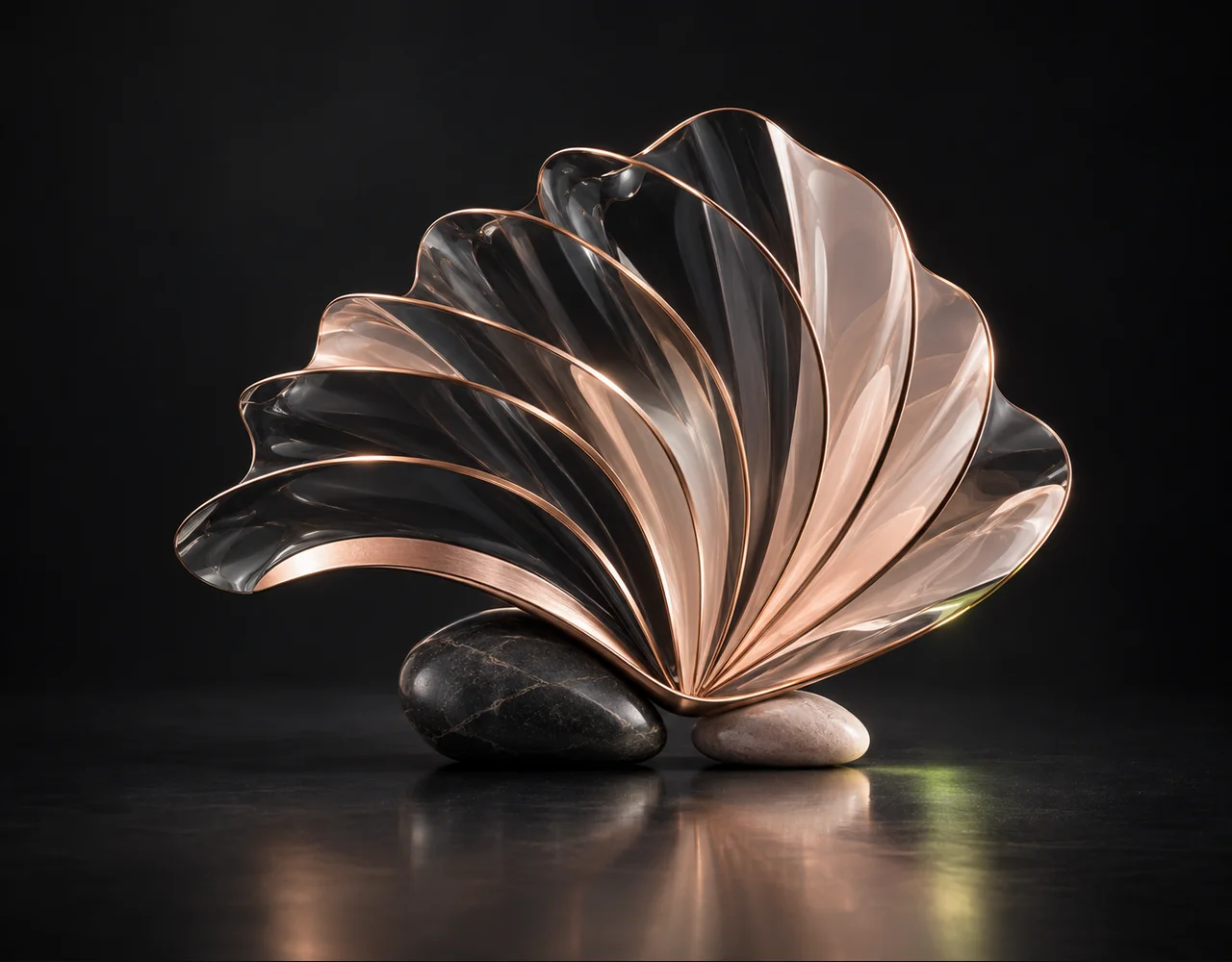 Describe Song editorial cover: a a layered folded sound fan with a flowing rhythmic glass contour, balanced over two low contrasting pebbles