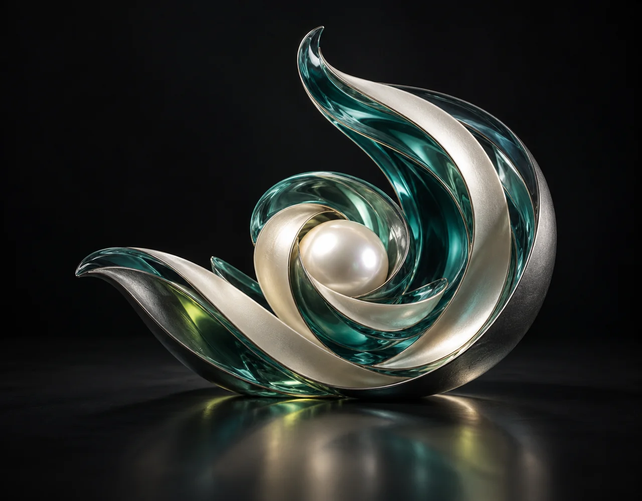 Extend Lyrics editorial cover: a a layered optical seed, curving around a small pearl core