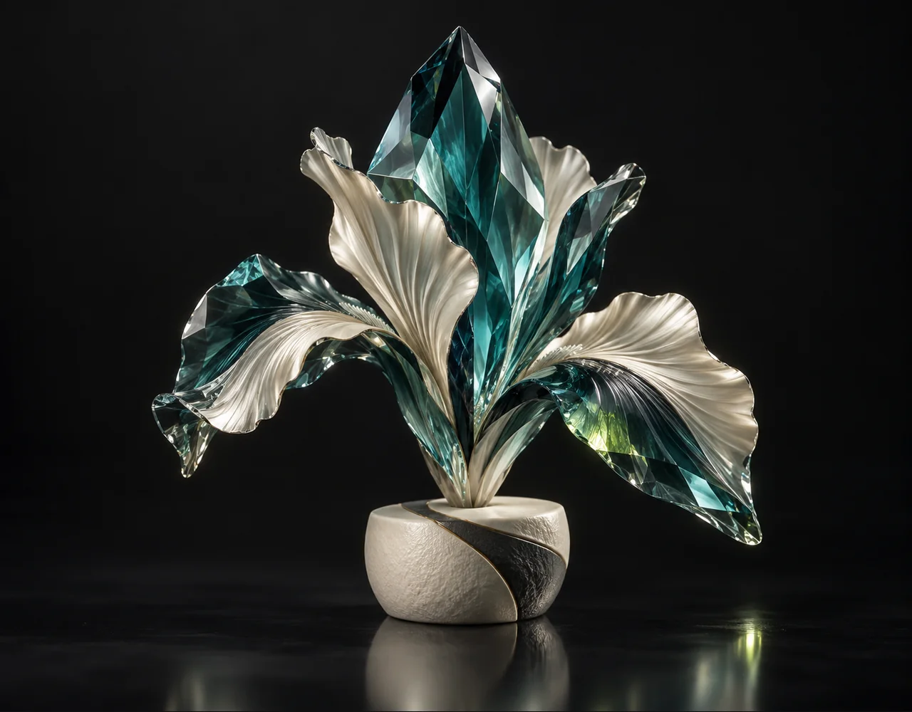 Face Enhancer editorial cover: a finely faceted crystal whose coarse base becomes a crisp detailed folded iris, balanced on a small contrasting ceramic plinth