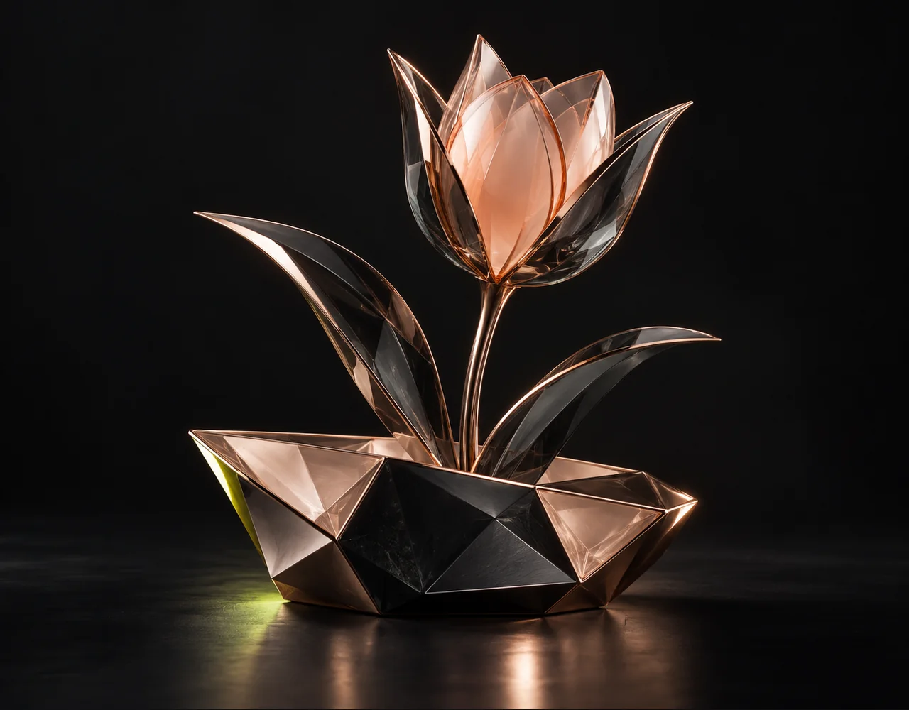 Firered Image 1.1 editorial cover: a tactile geometric tulip, arising from a low geometric vessel
