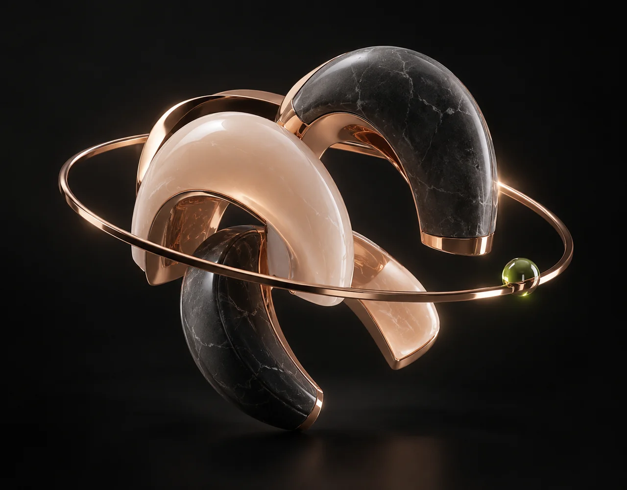 Firered Image editorial cover: a tactile interlocking ceramic arches, floating within a thin offset optical ring