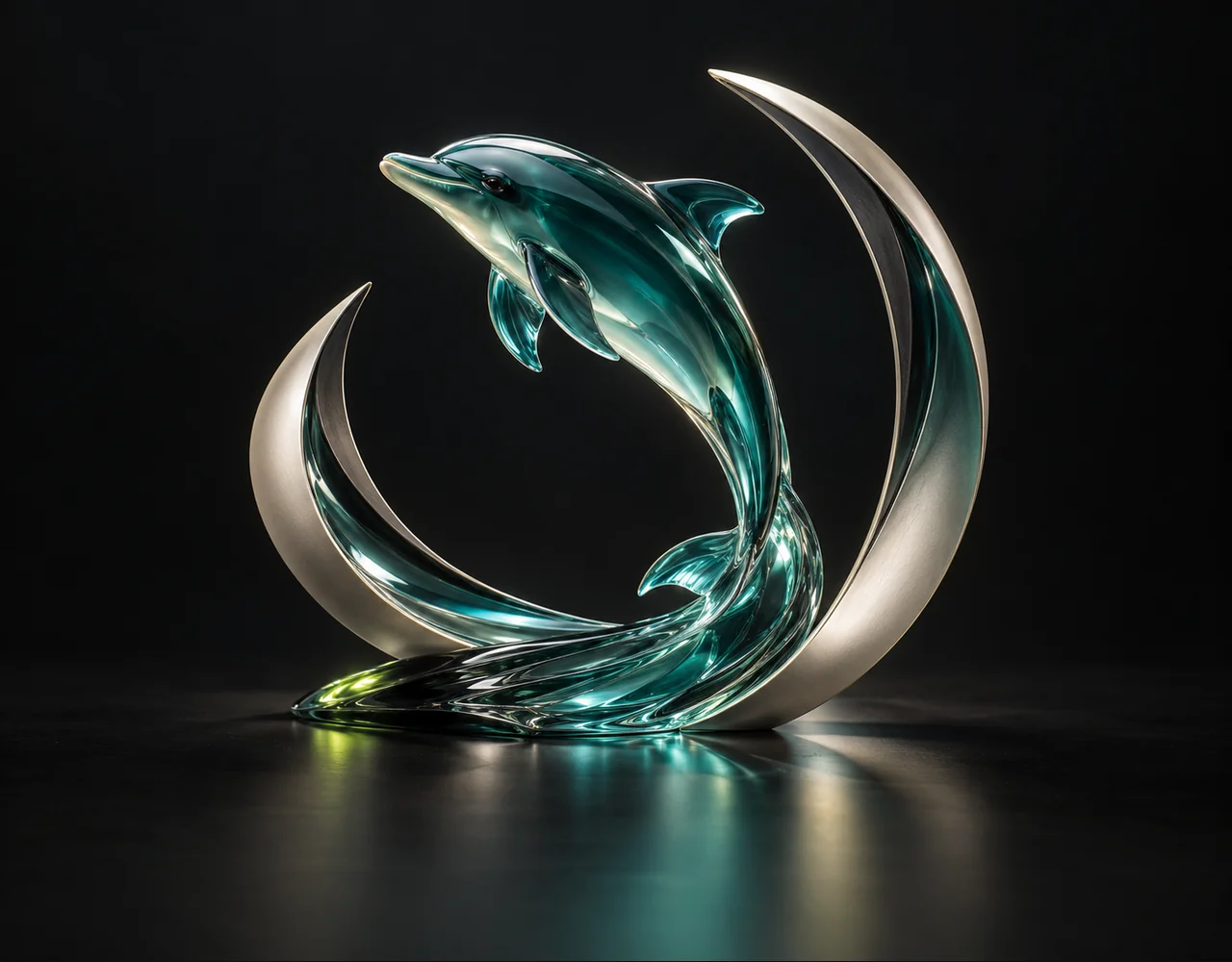 Flashvsr editorial cover: a leaping dolphin following one continuous elegant motion curve, embraced by two quiet curved metallic fins