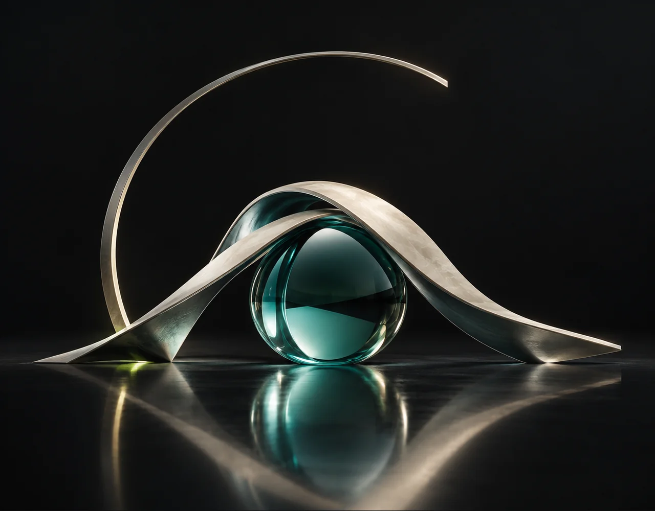 Generate Lyrics editorial cover: a a sculptural bridge over a glass core, framed by one incomplete slender arch