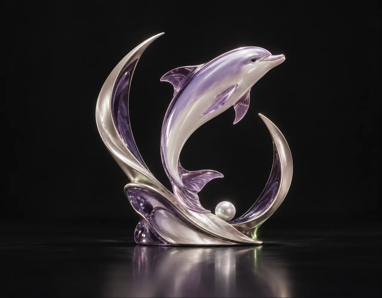 Ghibli Filter editorial cover: a leaping dolphin following one continuous elegant motion curve, embraced by two quiet curved metallic fins