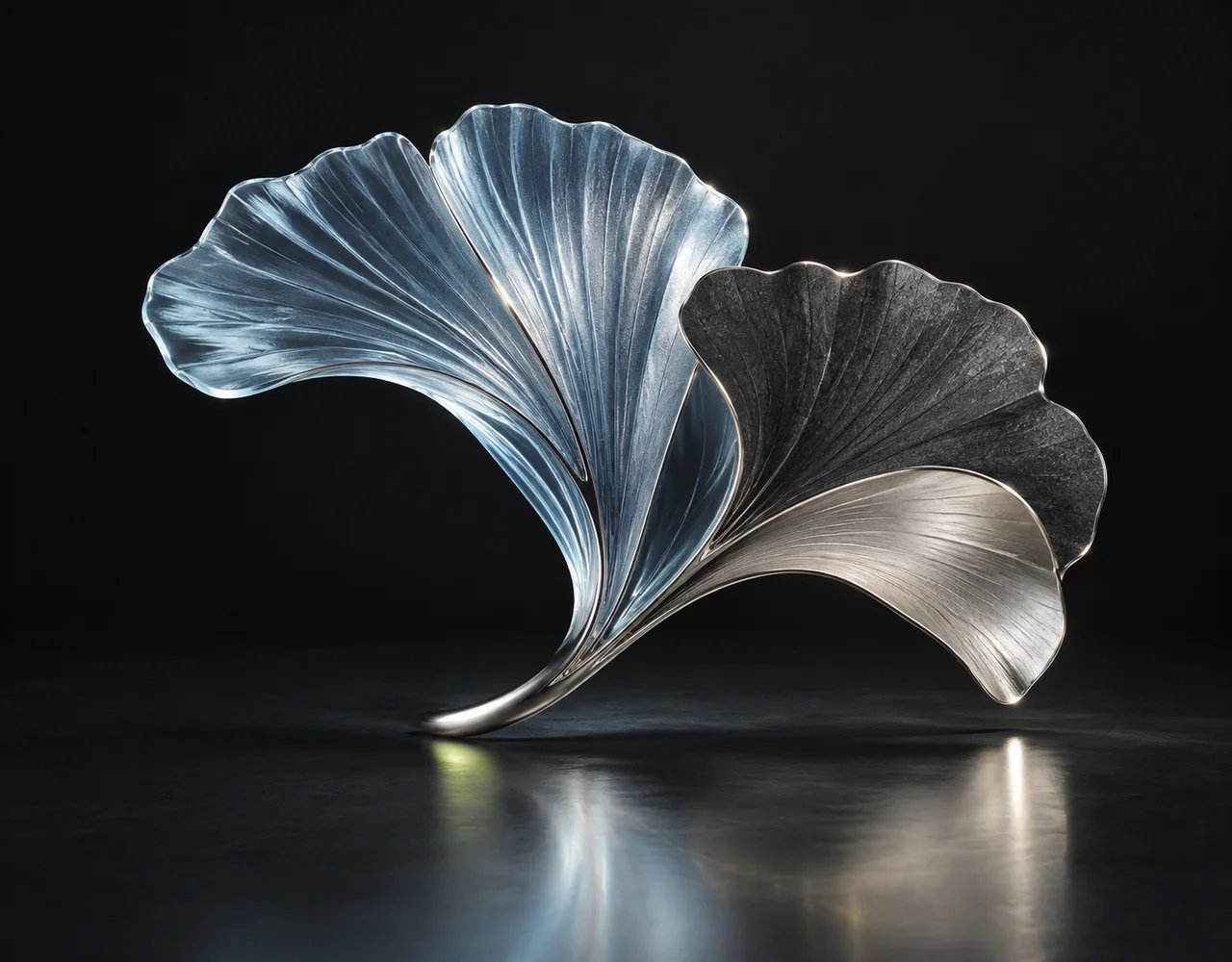Ghibli editorial cover: a tactile layered ginkgo leaf, suspended over a single flat satin plane