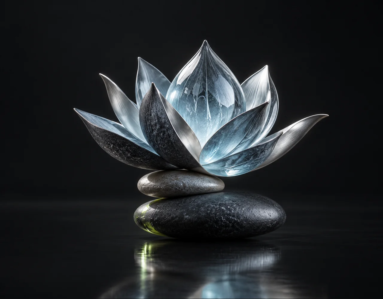 Glm Image editorial cover: a tactile folded lotus, balanced over two low contrasting pebbles