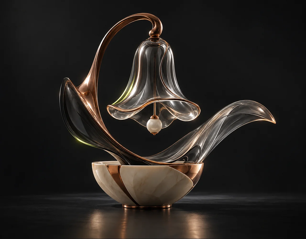 Heartmula editorial cover: a sculptural bell with a flowing rhythmic glass contour, arising from a low geometric vessel