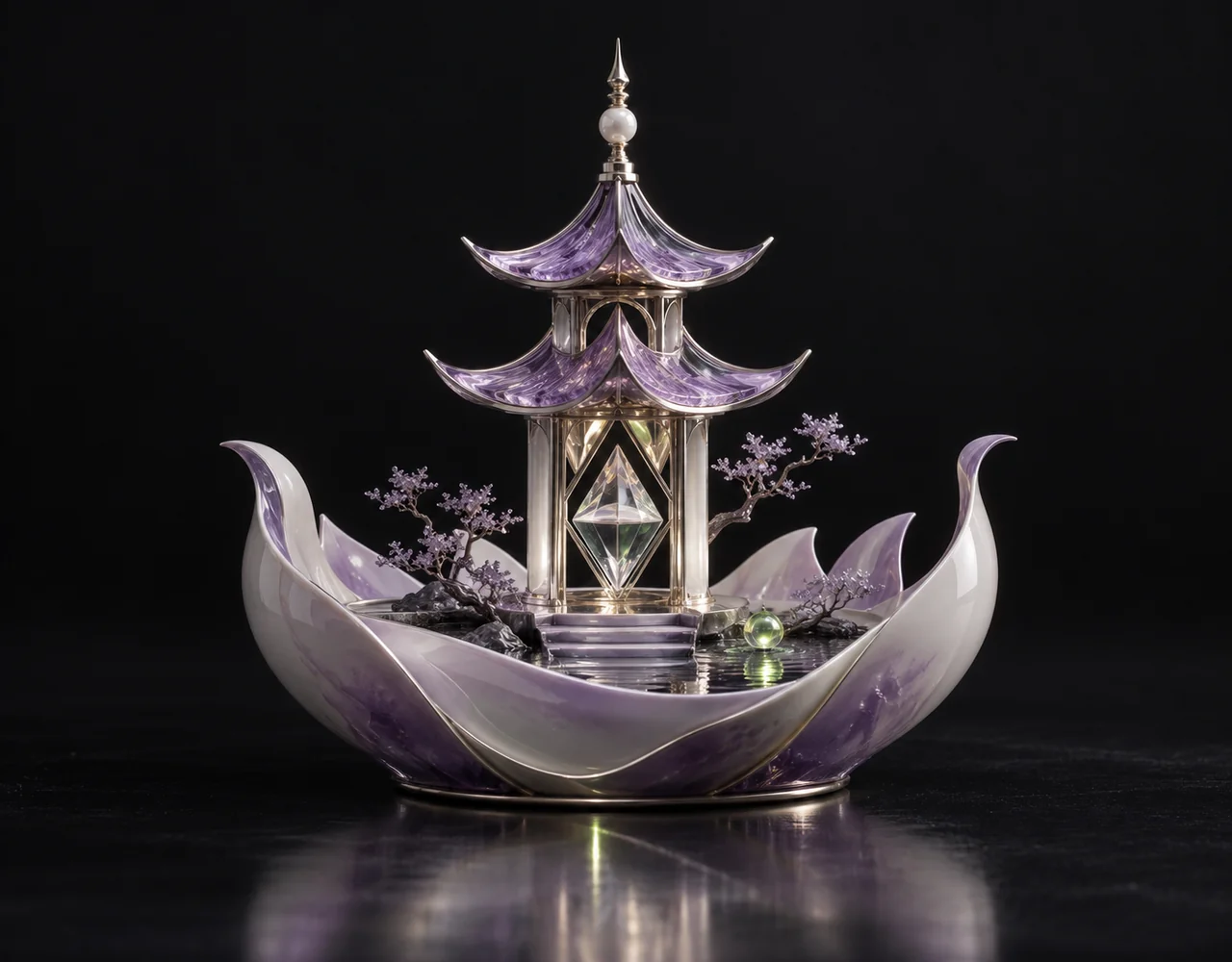 Hi3d 3 editorial cover: a refined miniature sculptural pagoda whose small open section reveals precise silver triangular topology, arising from a low geometric vessel