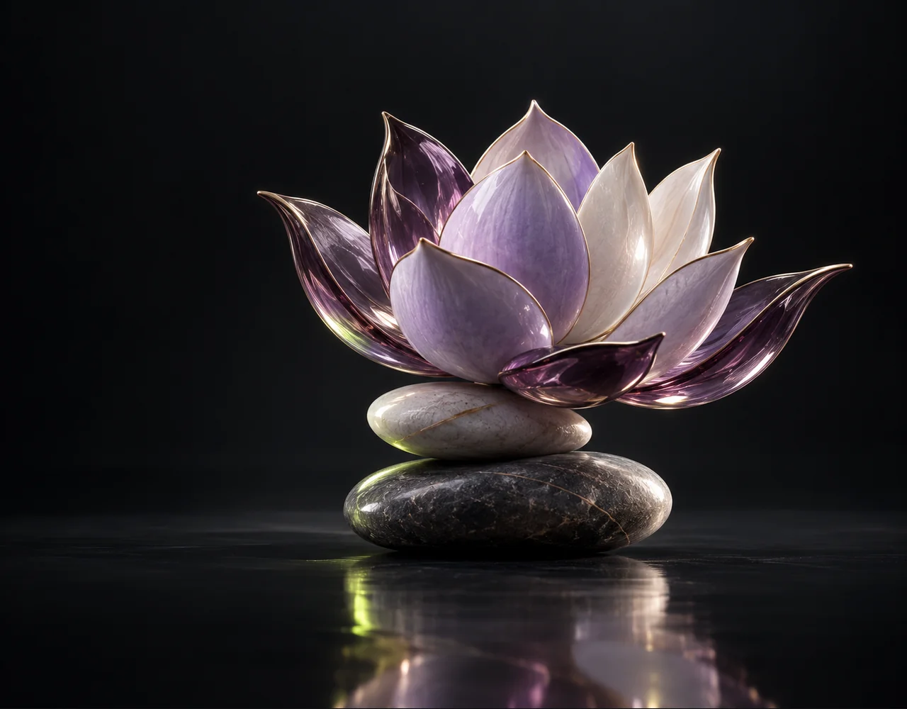 HiDream E1 Full editorial cover: a tactile folded lotus, balanced over two low contrasting pebbles