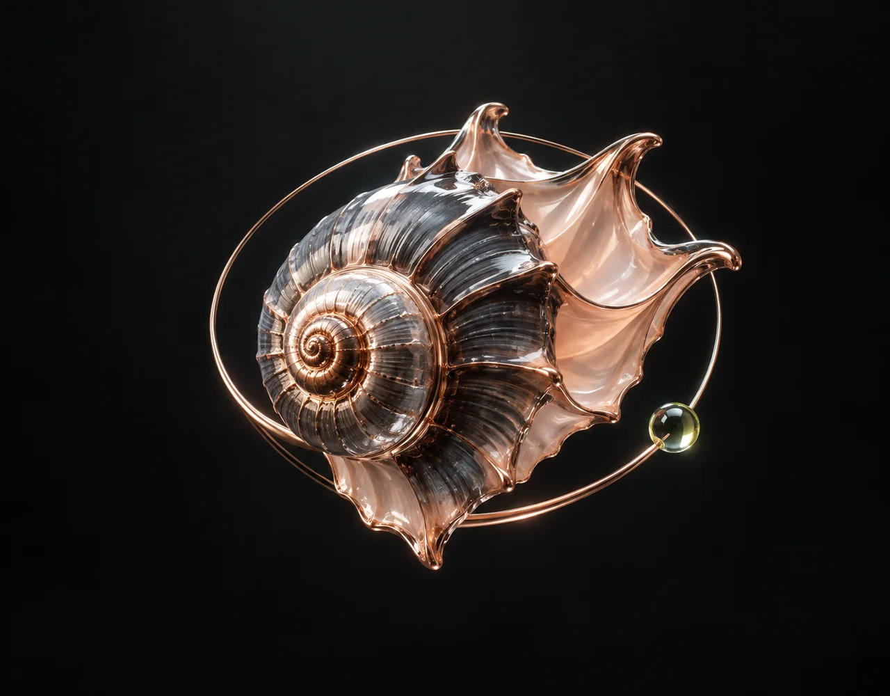 HiDream I1 Dev editorial cover: a tactile spiral seashell, floating within a thin offset optical ring