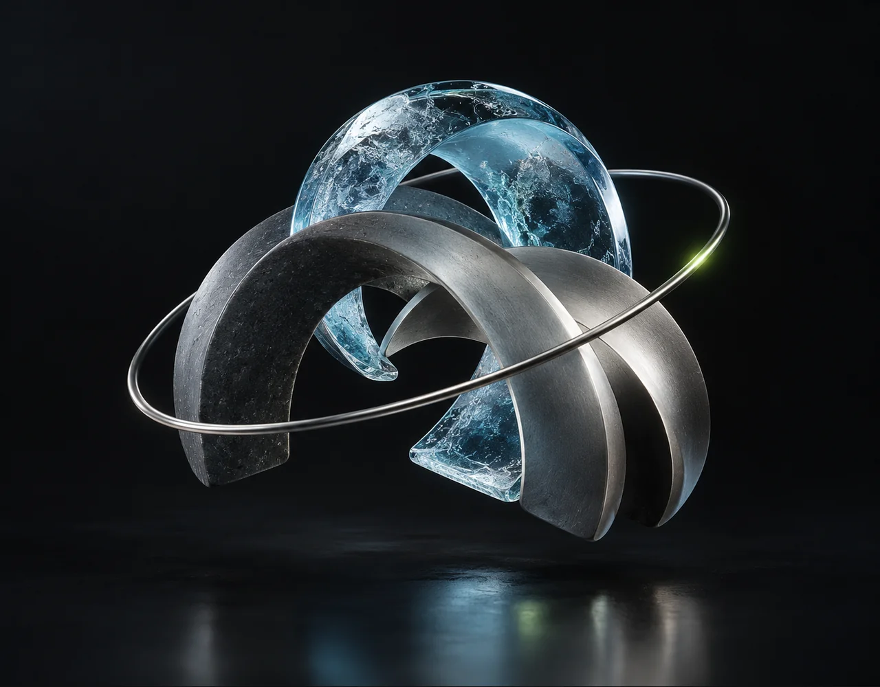 HiDream O1 Image Dev editorial cover: a tactile interlocking ceramic arches, floating within a thin offset optical ring