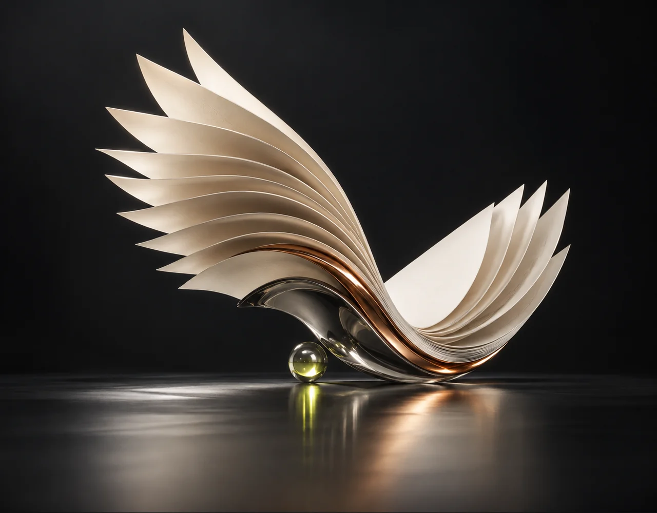 Image Captioner editorial cover: a blank pages fanned into a wing, suspended over a single flat satin plane
