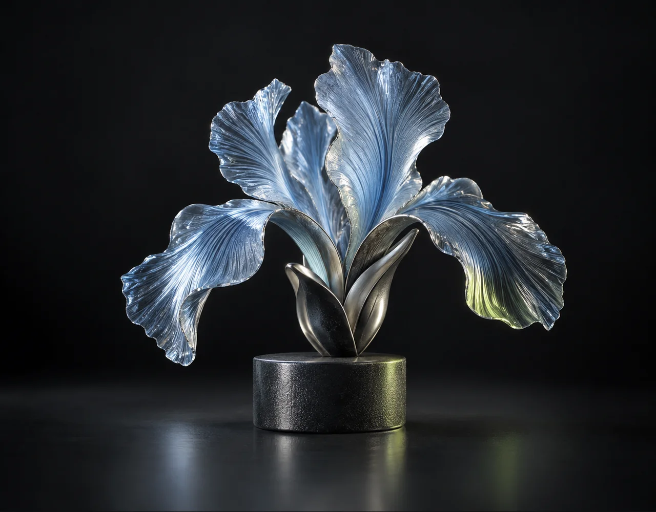Image Converter editorial cover: a tactile folded iris, balanced on a small contrasting ceramic plinth