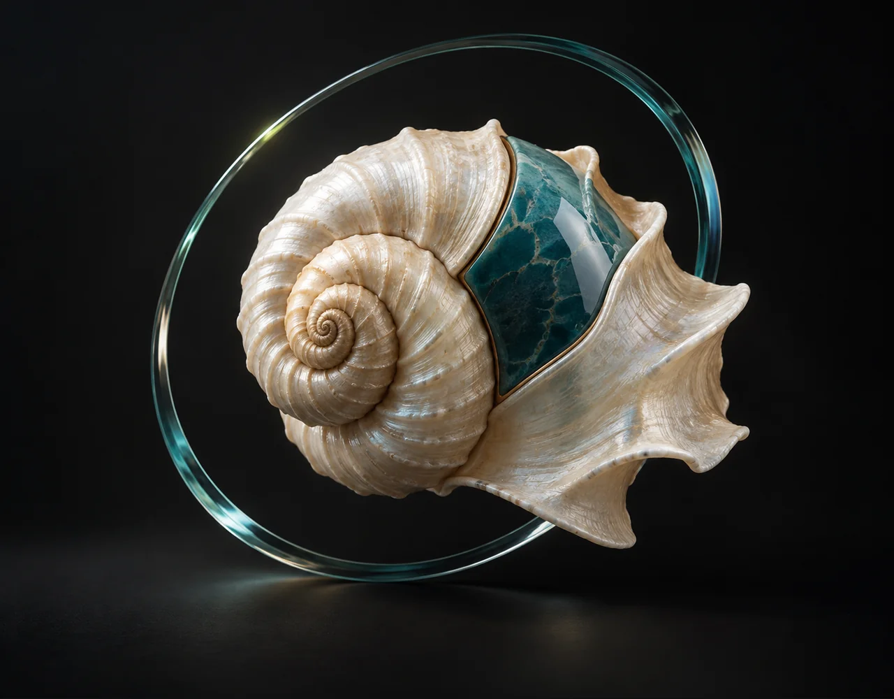 Image Eraser editorial cover: a spiral seashell with one precisely fitted contrasting ceramic replacement section, floating within a thin offset optical ring