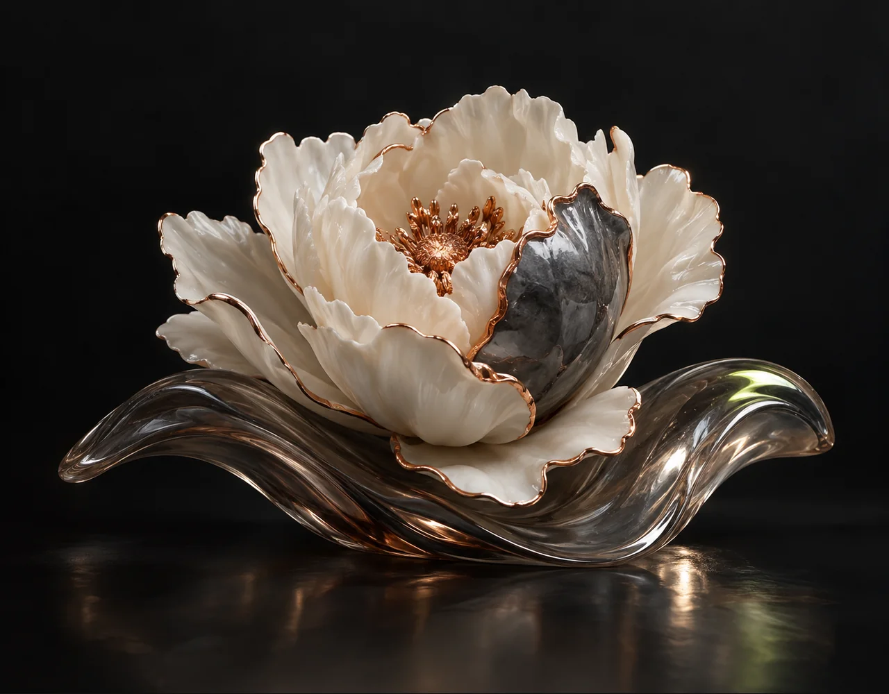 Image Text Remover editorial cover: a sculptural peony with one precisely fitted contrasting ceramic replacement section, resting above one soft sculptural ripple