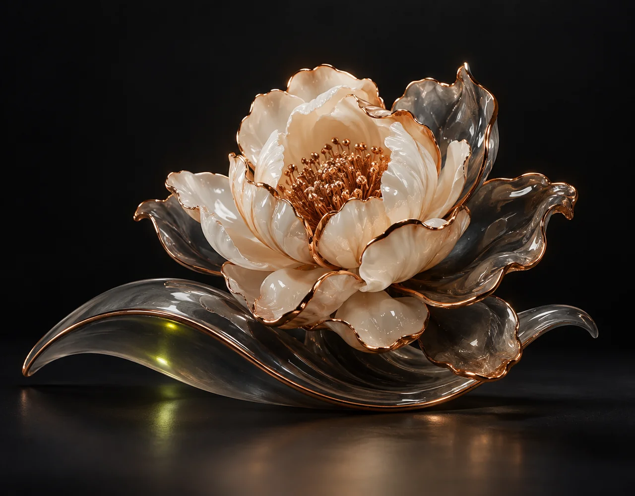 Image Translator editorial cover: a tactile sculptural peony, resting above one soft sculptural ripple
