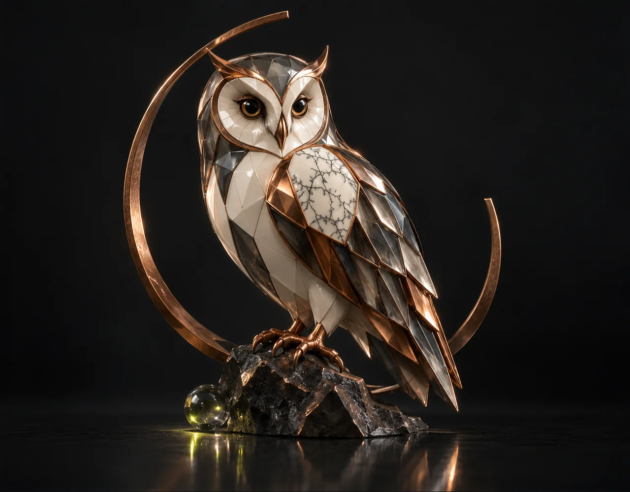 Image Watermark Remover editorial cover: a faceted owl with one precisely fitted contrasting ceramic replacement section, framed by one incomplete slender arch