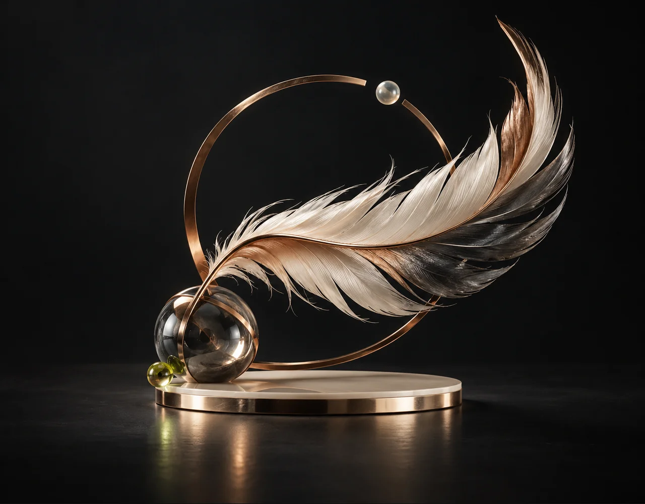 Image Zoom Out editorial cover: a curved feather extending elegantly beyond an incomplete inner optical frame into a larger sculptural form, suspended over a single flat satin plane
