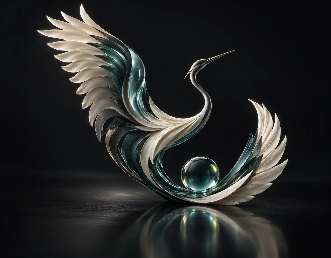 InfiniteTalk Fast editorial cover: a sweeping crane wing following one continuous elegant motion curve, centred beside one small optical droplet