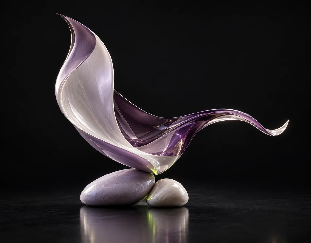 InfiniteTalk editorial cover: a flowing sail following one continuous elegant motion curve, balanced over two low contrasting pebbles