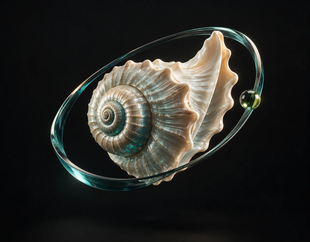 Joyai Image editorial cover: a tactile spiral seashell, floating within a thin offset optical ring