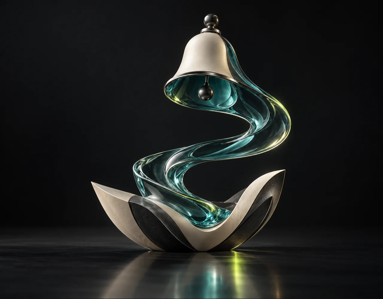 Lipsync 3 editorial cover: a sculptural bell exchanging one continuous glass sound contour, arising from a low geometric vessel