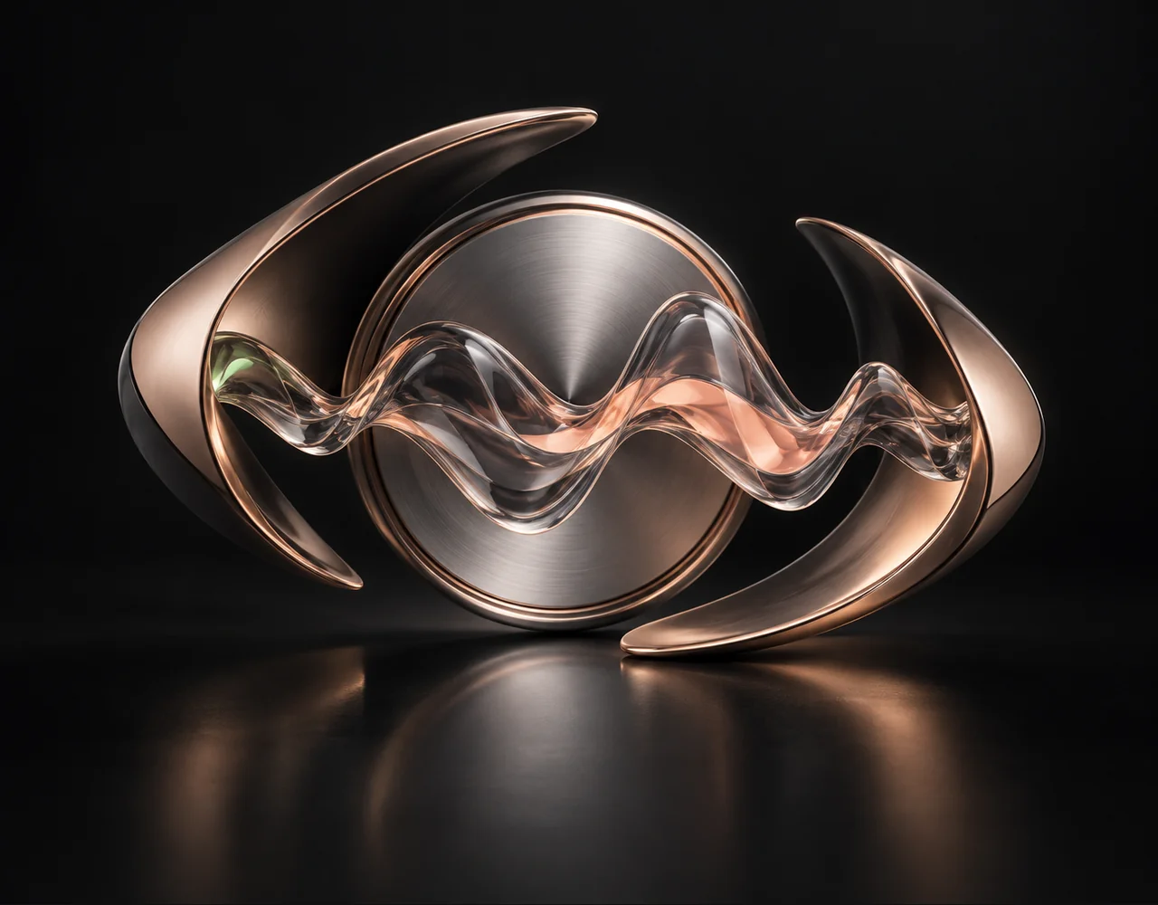 Lipsync editorial cover: a silver diaphragm with a glass wave exchanging one continuous glass sound contour, embraced by two quiet curved metallic fins