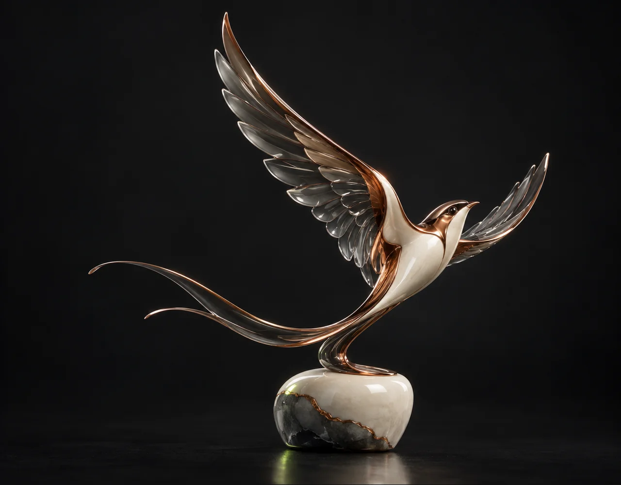 Longcat Avatar 1.5 editorial cover: a sculptural swallow following one continuous elegant motion curve, balanced on a small contrasting ceramic plinth