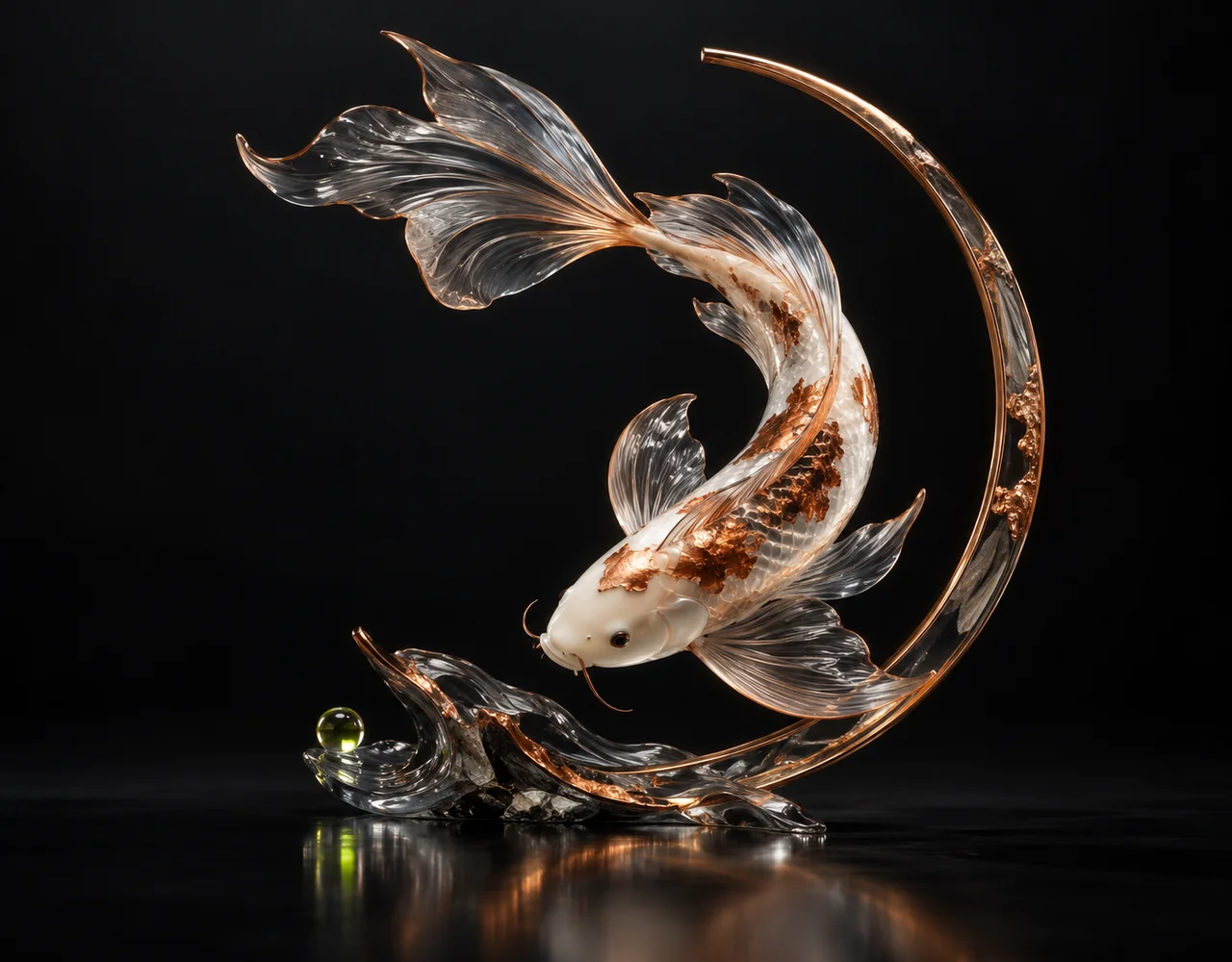 Longcat Avatar editorial cover: a glass koi following one continuous elegant motion curve, framed by one incomplete slender arch
