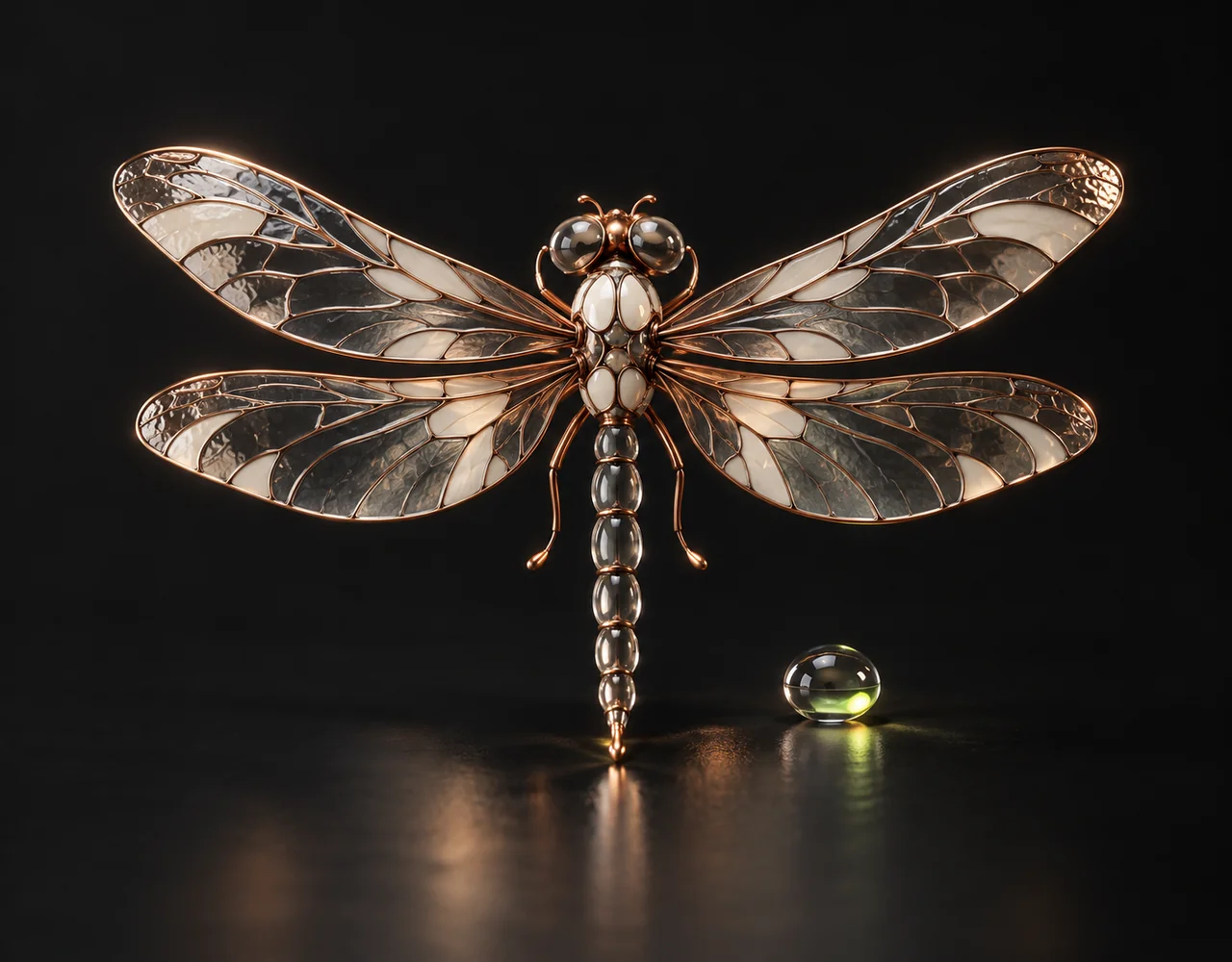 Longcat Image editorial cover: a tactile optical dragonfly, centred beside one small optical droplet