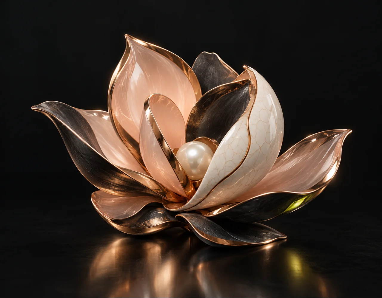Lucy Edit Pro editorial cover: a folded magnolia with one precisely fitted contrasting ceramic replacement section, curving around a small pearl core