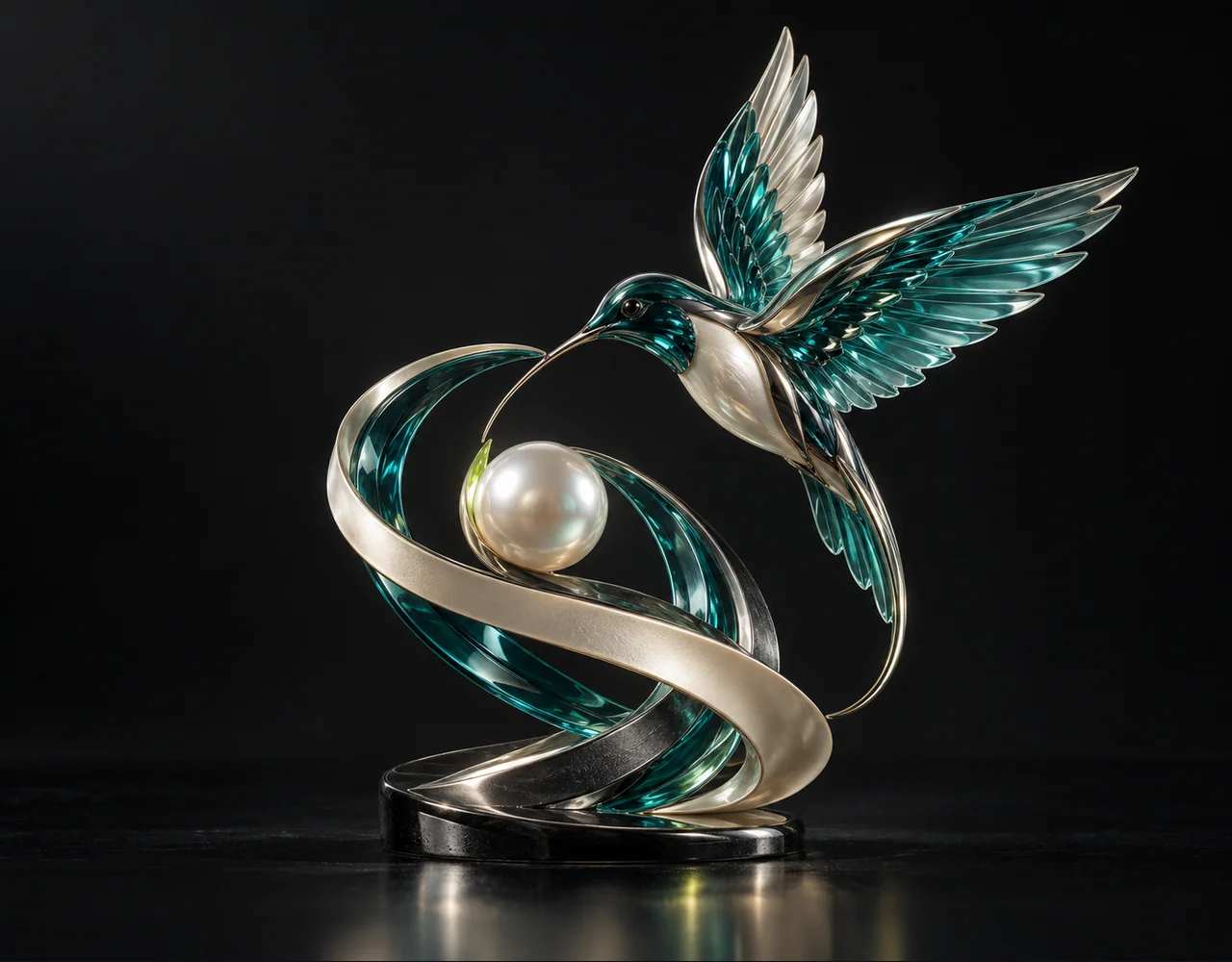 Lucy Restyle editorial cover: a swift hummingbird following one continuous elegant motion curve, curving around a small pearl core