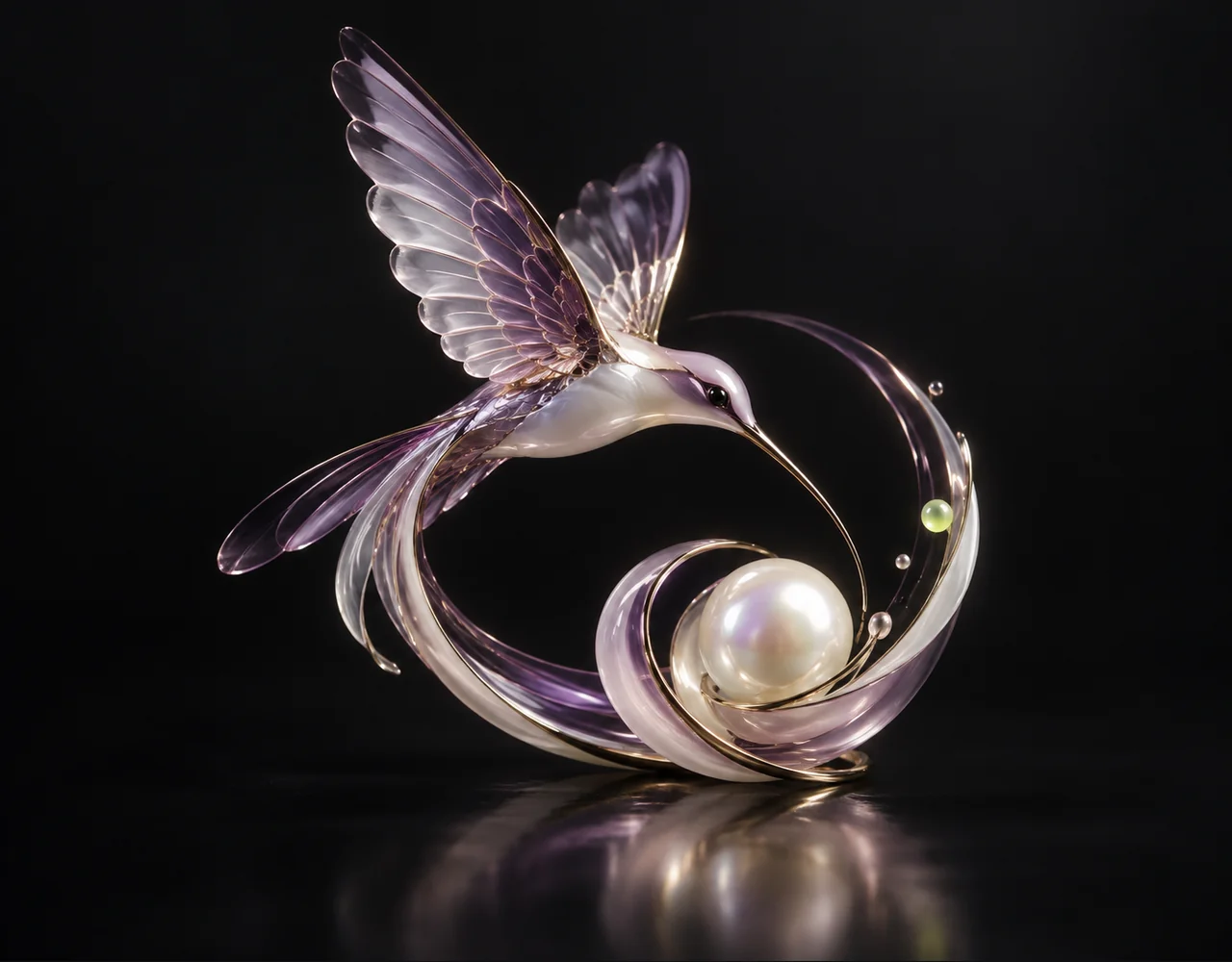Lynx editorial cover: a swift hummingbird following one continuous elegant motion curve, curving around a small pearl core