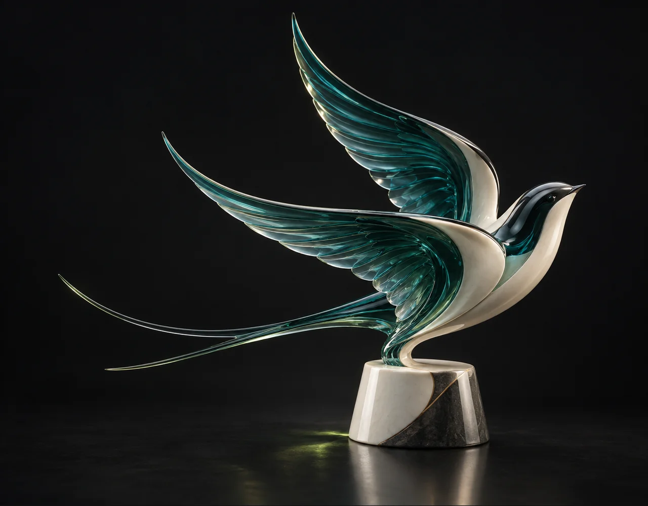 Magi 1 24B editorial cover: a sculptural swallow following one continuous elegant motion curve, balanced on a small contrasting ceramic plinth