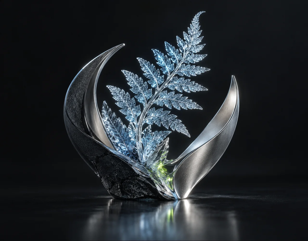Mai Image 2.5 editorial cover: a tactile crystalline fern, embraced by two quiet curved metallic fins