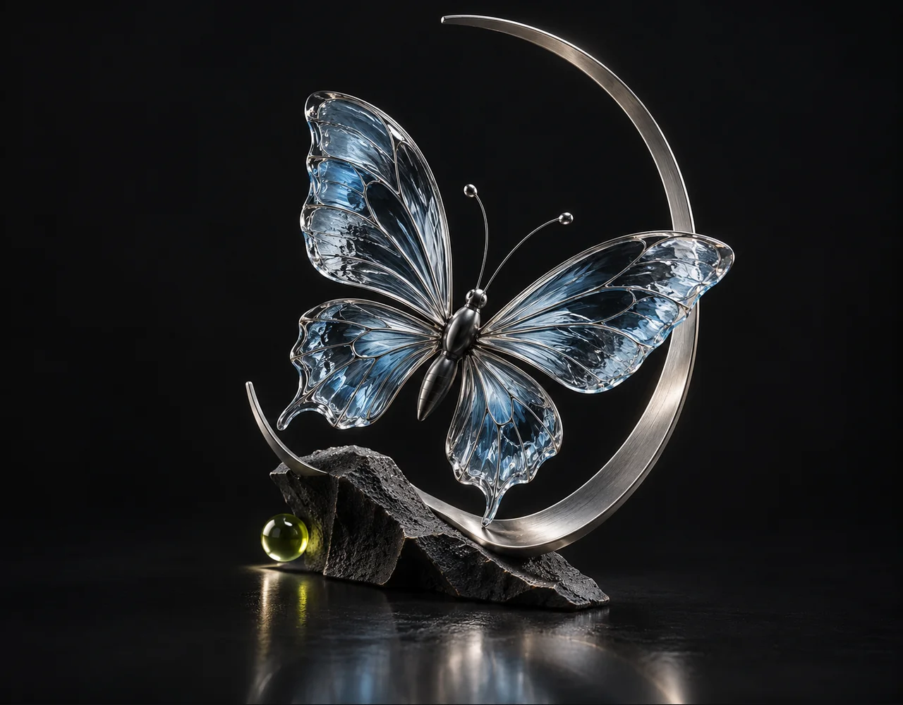 Mai Image 2.5 Pro editorial cover: a tactile optical butterfly, framed by one incomplete slender arch