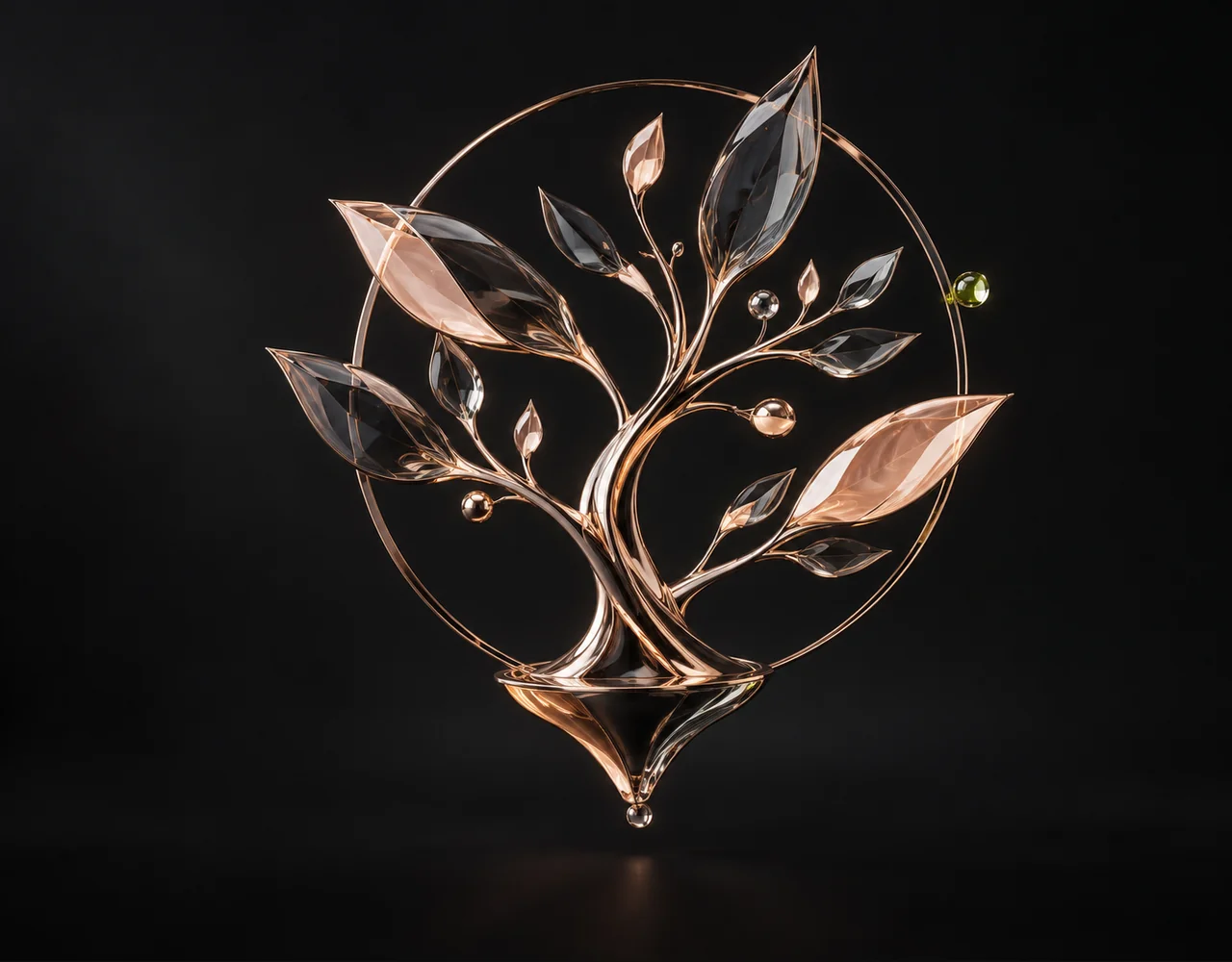 Minicpm V editorial cover: a branching geometric tree, floating within a thin offset optical ring