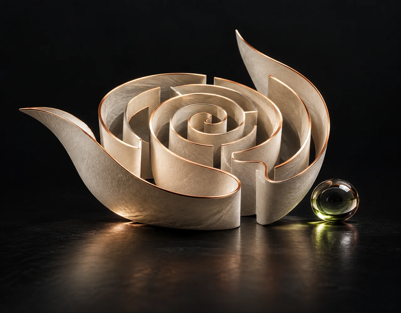 Molmo2 editorial cover: a an ivory paper labyrinth, centred beside one small optical droplet