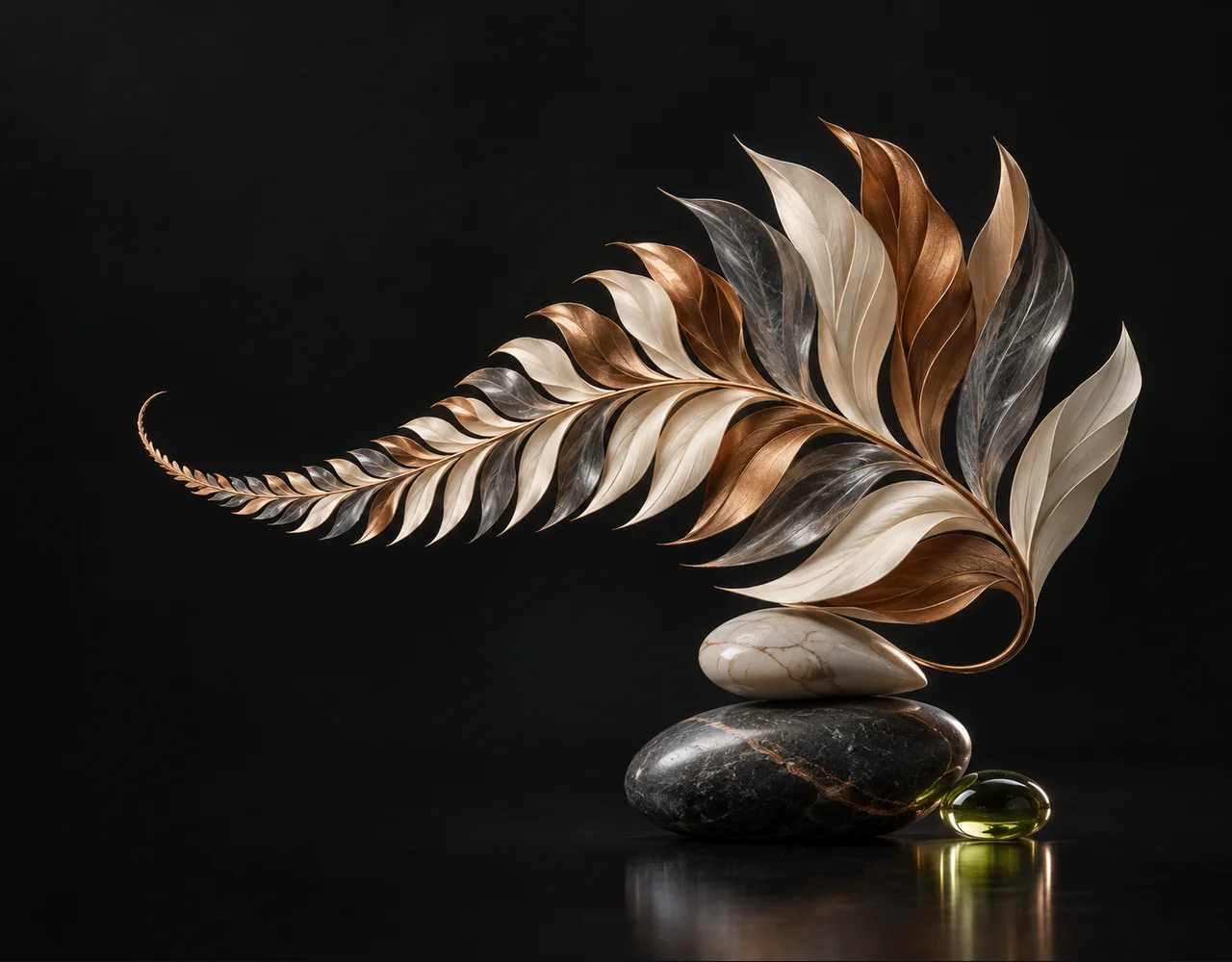 Moondream3 Preview editorial cover: a an intricate folded paper fern, balanced over two low contrasting pebbles