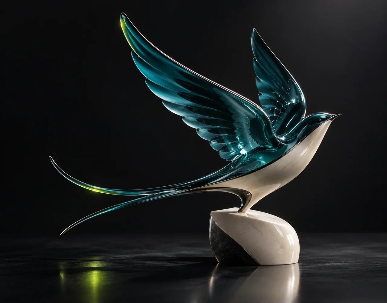 Motion 2 editorial cover: a sculptural swallow following one continuous elegant motion curve, balanced on a small contrasting ceramic plinth