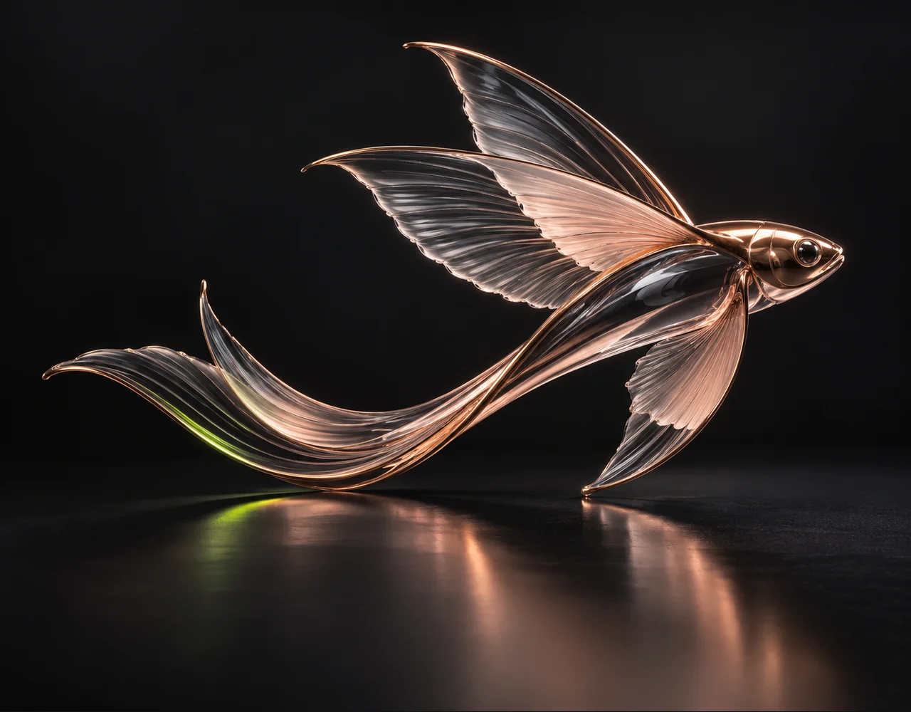 Multitalk editorial cover: a sculptural flying fish following one continuous elegant motion curve, suspended over a single flat satin plane